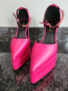 Bold Hot Pink Pointed Platform Heels with Jeweled Ankle Strap